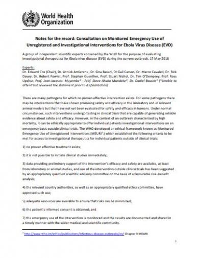 Consultation on Monitored Emergency Use of Unregistered and Investigational Interventions for Ebola Virus Disease (EVD)